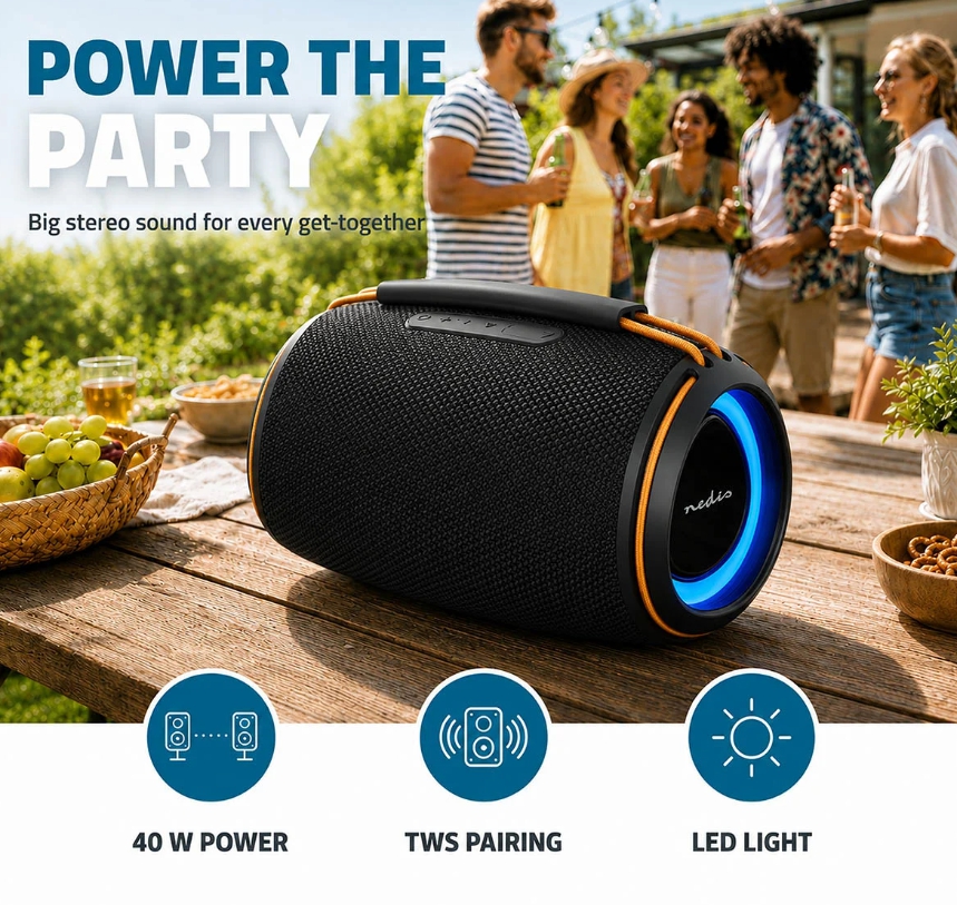 Tragbarer Bluetooth Lautsprecher 40W mit Akku USB + SD-Slot + RGB-LED + IPX4 Spritzwassergeschützt IN2026
