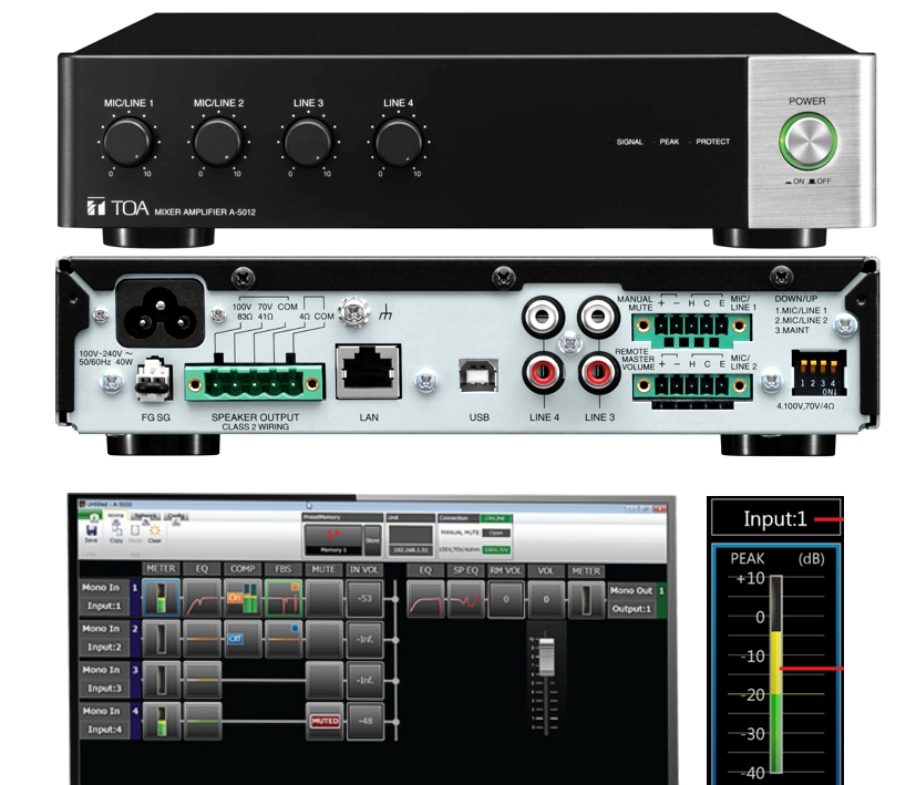 Verstärker TOA A-5012 mit 120/180W 100V und 4-8ohm Digitaler Amplifier mit Mixer und LAN Port