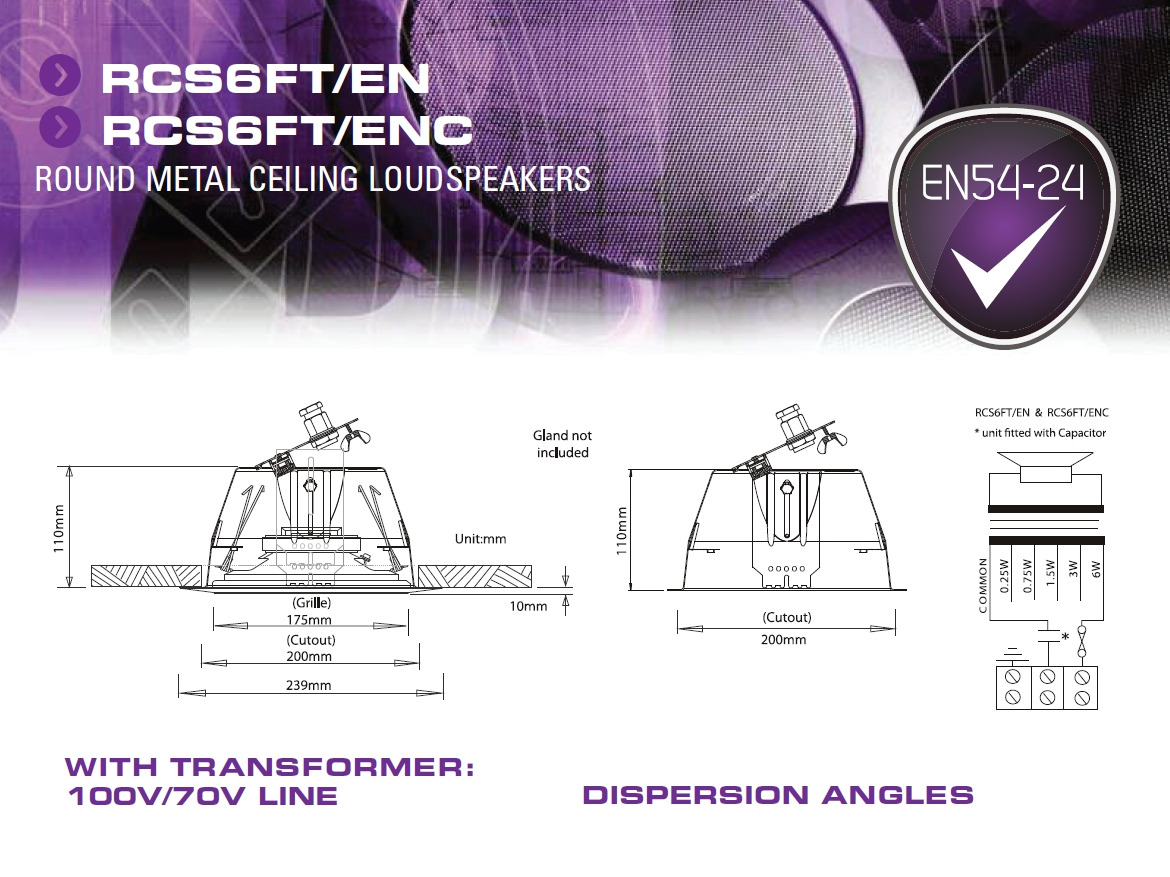 239mm Deckenlautsprecher EN54-24 6W 8Ohm 100V IP21 RCS6FT/EN Weiß mit Keramikklemme und Feuerschutzkopf