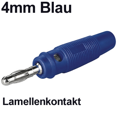 4mm Bananenstecker Blau gummiert Lamellenkontakt mit Querloch und Schraubanschluß