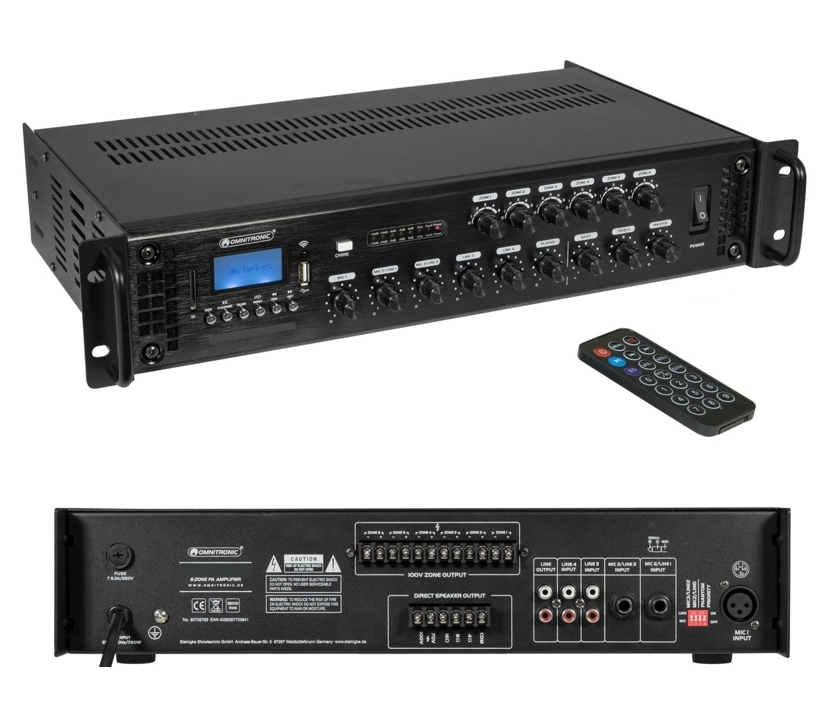 ELA Verstärker 720W 6-Zonen Regelung 5-Input Bluetooth USB-MP3 Player 100V und 4-8ohm ELA Zentrale ELA Verstärker 720W 6-Zonen Regelung 5-Input Bluetooth USB-MP3 Player 100V und 4-8ohm ELA Zentrale