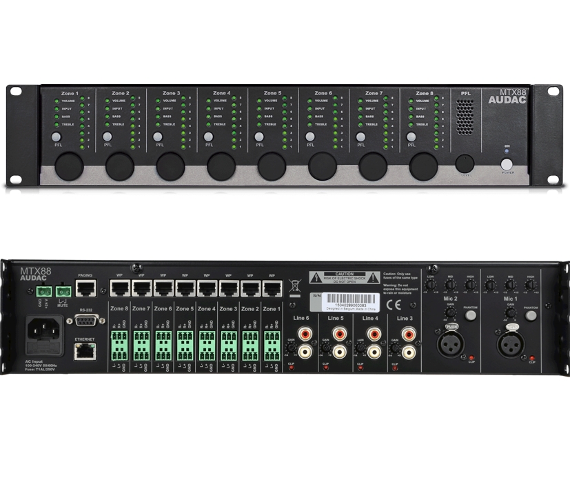 Audac MTX88 Audiomatrix 8x8 Multiroom 8xInp 8xOutp LAN-Schnittstelle und Audac-Touch APP Audac MTX88 Audiomatrix 8x8 Multiroom 8xInp 8xOutp LAN-Schnittstelle und Audac-Touch APP