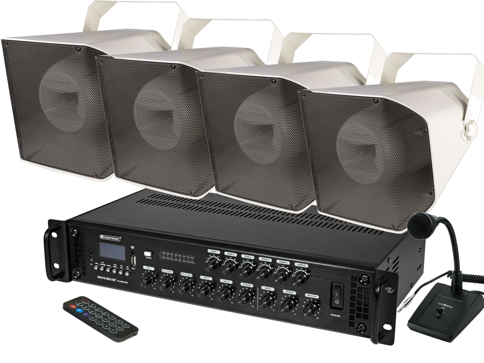 Hallen Lautsprecheranlage Set-7 (6-teilig) mit Kabelmikro Hallen Lautsprecheranlage Set-7 (6-teilig) mit Kabelmikro