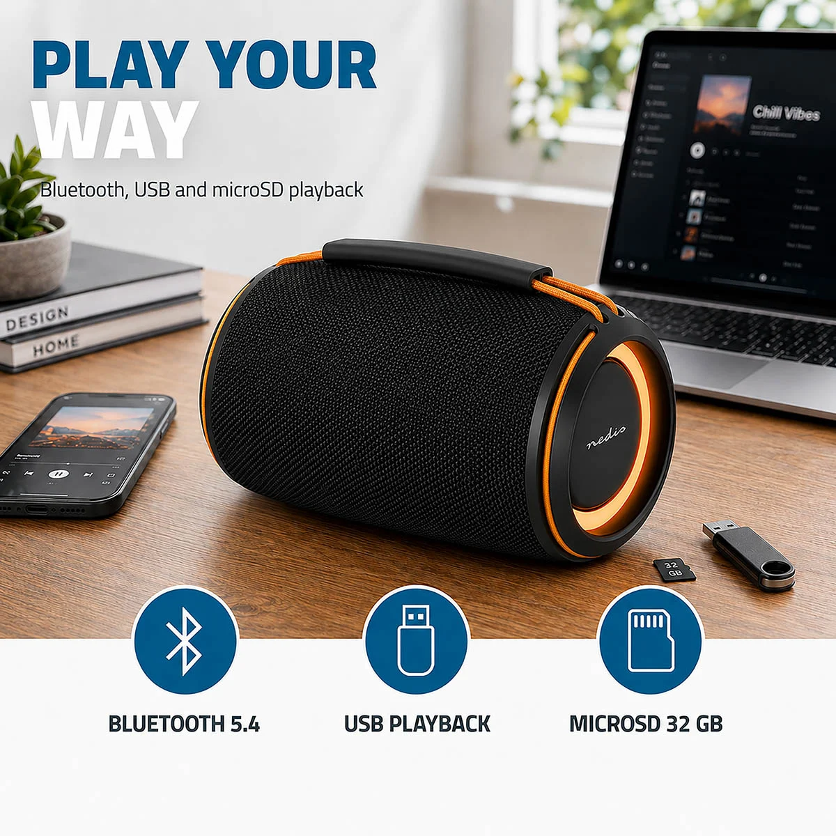 Tragbarer Bluetooth Lautsprecher 40W mit Akku USB + SD-Slot + RGB-LED + IPX4 Spritzwassergeschützt IN2026