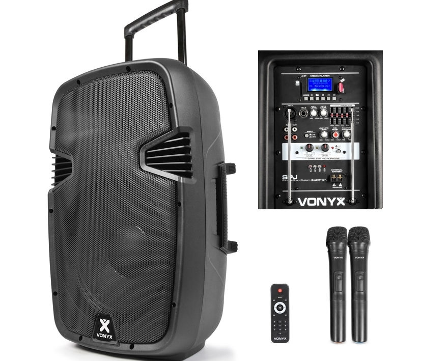Mobile_Box_12zoll_Funkmikro_84-754-11190_B01 Mobile Musikanlage 12zoll 500W Verstärker mit Bluetooth USB-Player Funkmikrofon und AUX Eingang